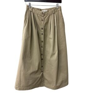 Vintage Gotcha Covered Khaki Cotton Button Front Pleated Midi Skirt Tan Size 12